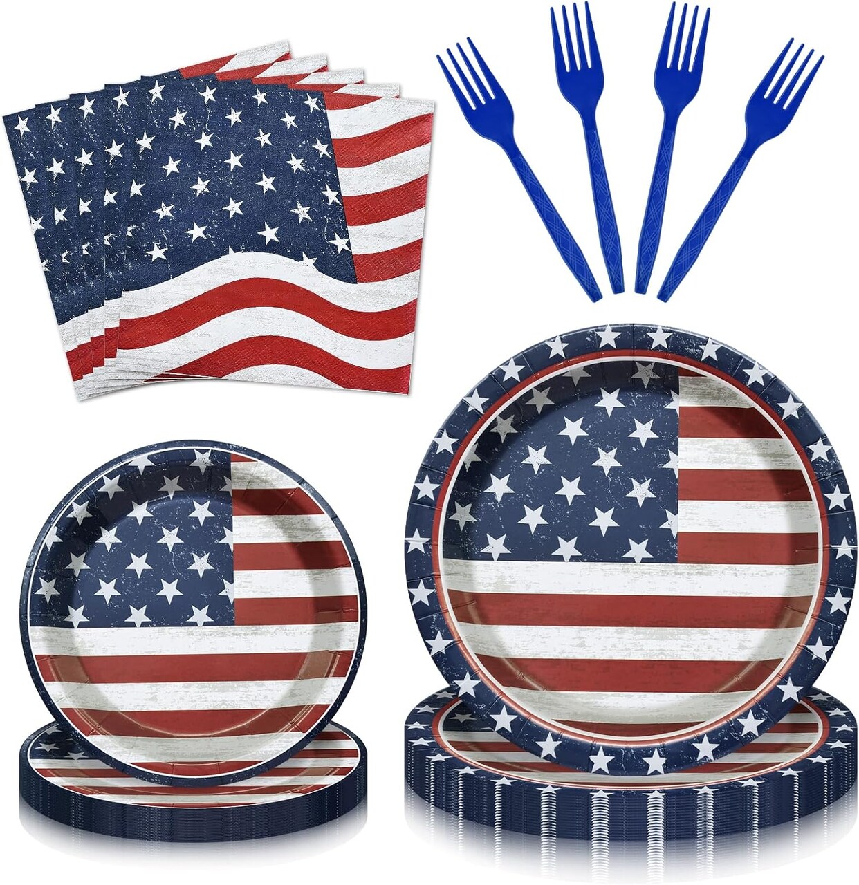 96PCS Vintage Patriotic Tableware Set for 24 Guests – American Flag Disposable Dinnerware with Plates, Napkins, Cups & Forks for 4th of July, Memorial Day & Veterans Day Celebrations